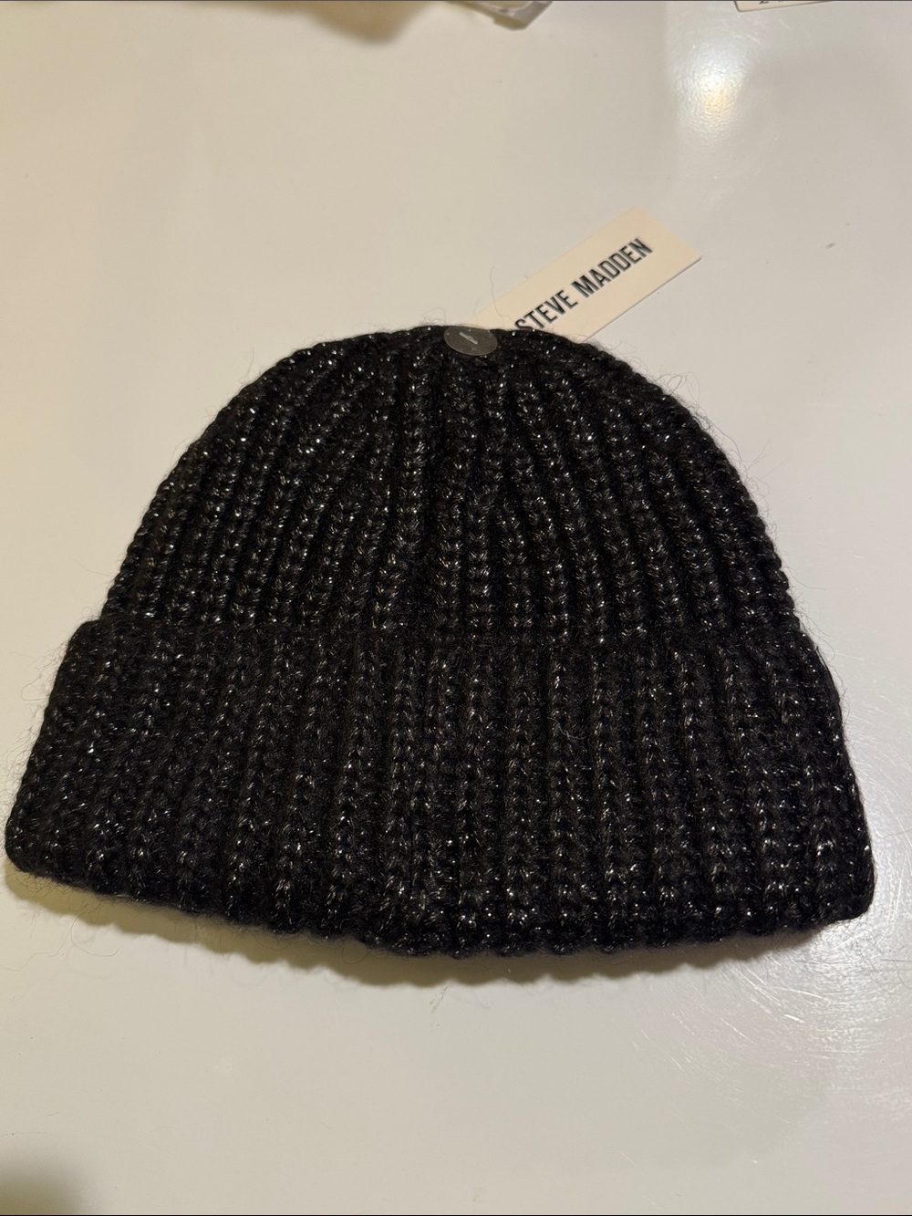 Steve Madden Black Ribbed Knit Cuff Beanie